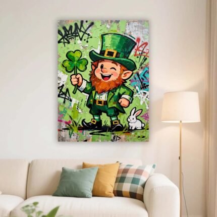 Canvas Prints St Patrick's Day Cartoon Leprechaun Graffiti Style Lucky Shamrock Wall Art For Home Decor