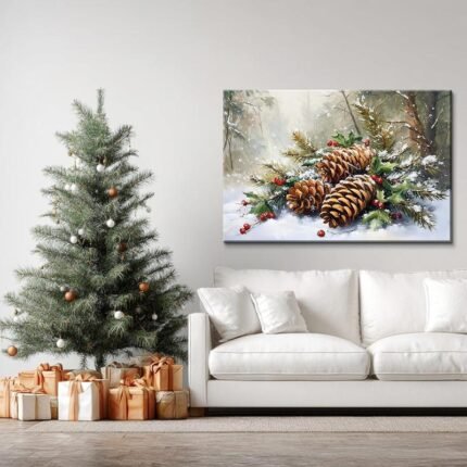 Canvas Prints Waterproof Winter Pine Cone & Holly Christmas Decor Home Decor Wall Art