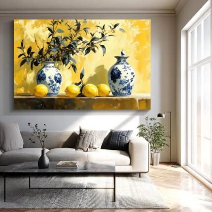 Canvas Prints Yellow Background Still Life Blue and White Porcelain with Lemons Home Decor Wall Art