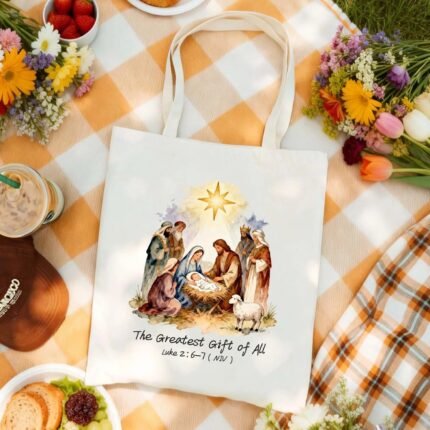 Canvas Tote Bag Christian Nativity Scene The Greatest Gift of All Luke 2:6-7