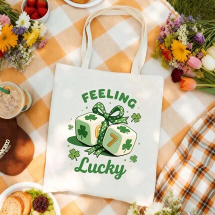 Canvas Tote Bag Feeling Lucky Shamrock Dice Green Bow Print Reusable Cotton Shoulder Bag Irish Festival Gift