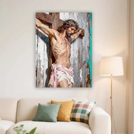 Christian Easter Canvas Print Jesus Christ Crucifixion Textured Impasto Rustic Wood Religious Wall Art Crown Of Thorns Easter Decor