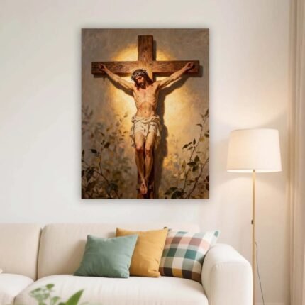 Christian Easter Canvas Print Jesus Christ Crucifixion Vintage Religious Cross Wall Art Warm Glow Christian Home Decor