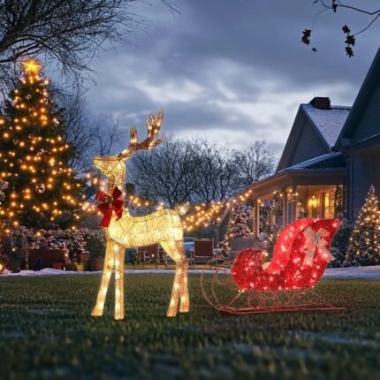 Christmas Deer Decoration Light Up Christmas Decor Deer Set With Sleigh, Holiday Outdoor & Indoor Display