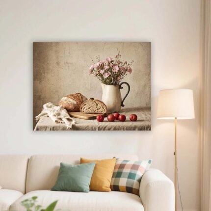 Rustic Bread & Wildflowers Still Life Canvas Wall Art – French Country Kitchen Décor |