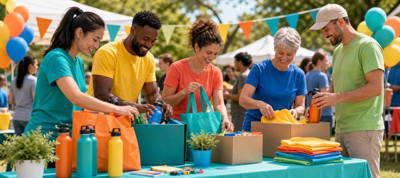 Community volunteers preparing colorful fundraising event supplies