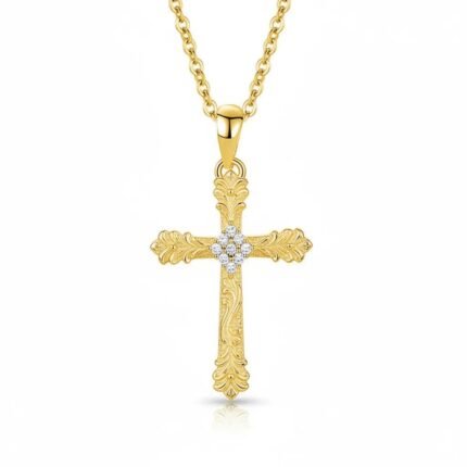 S925 Sterling Silver Vintage Filigree Cross Pendant with CZ Gold & Silver Faith Necklace